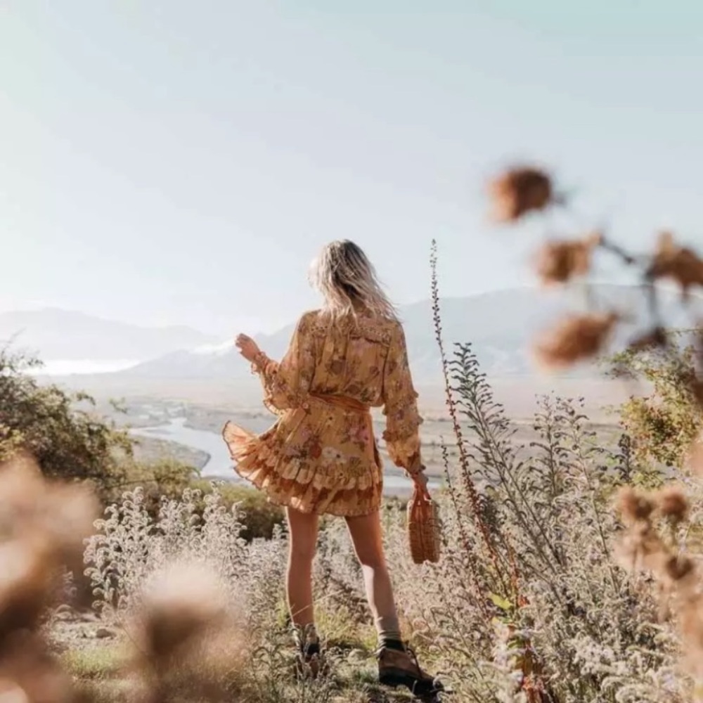 SOLD OUT Golden Floral Ruffle Fall Boho Long Sleeve Dress - Picture 6 of 12
